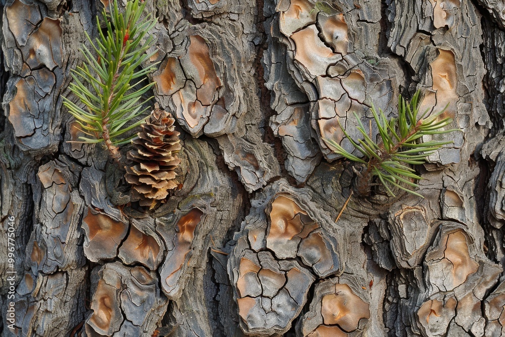 Poster a tree trunk with a pine cone on it