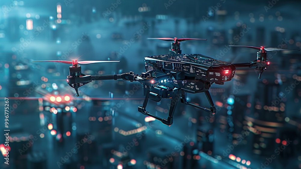 Poster a high-tech drone hovering in the air, capturing real-time data