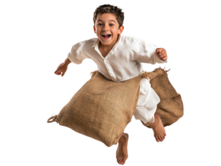 Excited boy jumping in a sack race on white background PNG transparent.