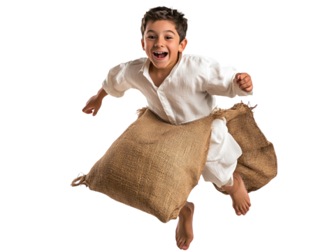 Excited boy jumping in a sack race on white background PNG transparent.