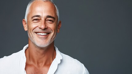 Obraz premium Happy Senior Man With Gray Hair Wearing White Shirt Smiling Brightly In Studio