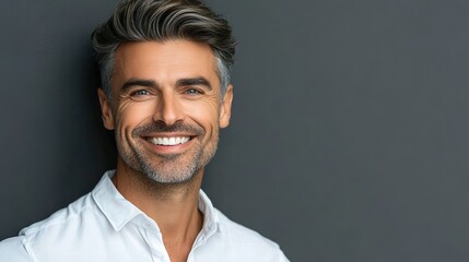 Obraz premium Senior Man With Gray Hair Smiling Confidently In White Shirt Against Gray Studio Background