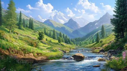 Sunset over mountains, river, and stones in the foreground, river in the mountains, mountain landscape, desktop background wallpaper