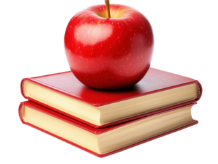 Red apple on top of stacked books on white background PNG transparent.