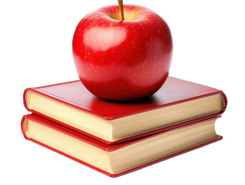 Red apple on top of stacked books on white background PNG transparent. - Powered by Adobe
