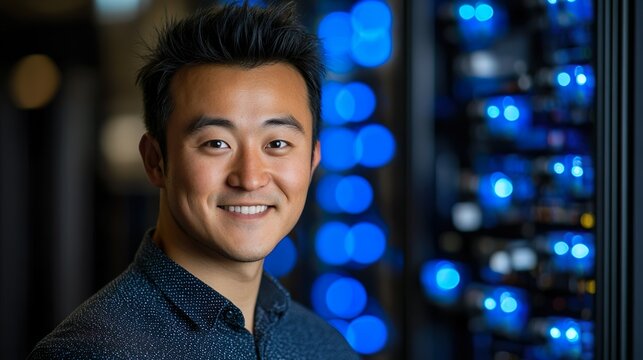 Smiling Asian IT Professional Standing Confidently In Modern Server Room With Blue Lights