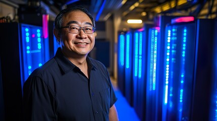 Fototapeta premium Smiling IT Technician Standing In Data Center With Blue LED Lights And Rows Of Servers