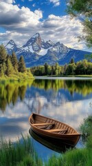 Obraz premium A colorful cabin sits by the clear lake, surrounded by majestic mountains and lush forests, while fishing boats glide across the water under a vibrant blue sky