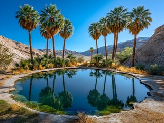 Obraz premium Dreamlike oasis in a vast desolate desert towering palm trees surrounding serene pools of crystalline water surreal reflections creating a sense of disorientation