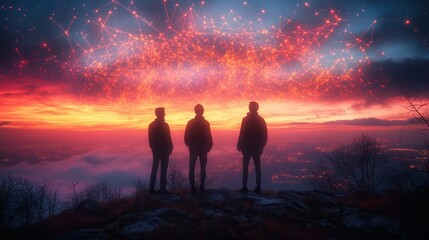Three silhouettes stand against a vibrant sunset, gazing at a sky filled with glowing stars and colorful clouds.
