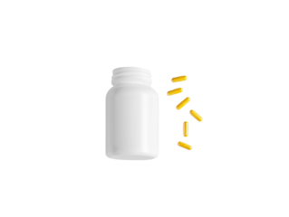 White bottle with yellow capsules on white background PNG transparent.