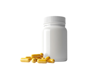 White bottle with yellow capsules on white background PNG transparent.