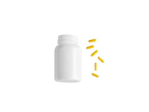 White bottle with yellow capsules on white background PNG transparent.
