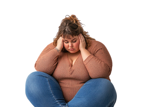 Sad overweight woman sitting on white background PNG transparent.