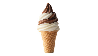 A close-up of a chocolate and vanilla soft serve ice cream cone, isolated on a black background.