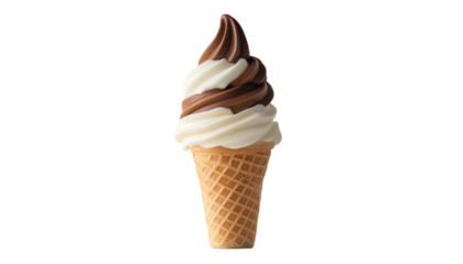 A close-up of a chocolate and vanilla soft serve ice cream cone, isolated on a black background.