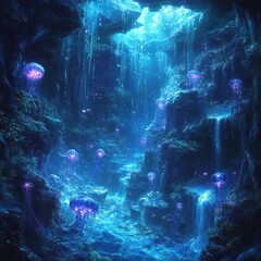 Underwater Cave Oasis: Lush Blue Vegetation and Glowing Jellyfish Amidst a Serene Waterfall Ecosystem