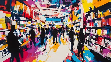 Dynamic Black Friday retail extravaganza with hordes of bargain hunting shoppers bold branded displays and product packaging