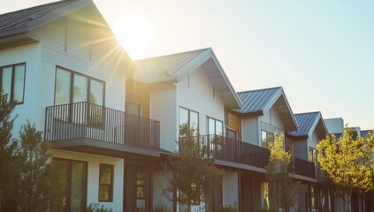 A row of modern townhouses with gray metal roofs and white walls, each house has an exterior balcony on the second floor Generative AI