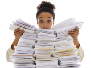 Woman struggling with a pile of paperwork on white background PNG transparent.