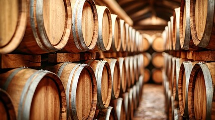 wooden barrels stacked in a rustic winery, symbolizing the aging process of wine
