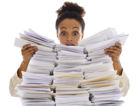 Woman struggling with a pile of paperwork on white background PNG transparent.