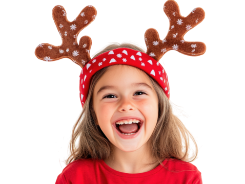 Laughing girl with reindeer antlers headband on white background PNG transparent.