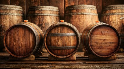 wooden barrels stacked in a rustic winery, symbolizing the aging process of wine