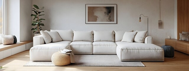 Cozy and inviting modern living room with a large comfortable sectional sofa minimalist and stylish decor light and airy Scandinavian inspired design natural fiber textures
