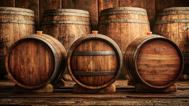 wooden barrels stacked in a rustic winery, symbolizing the aging process of wine