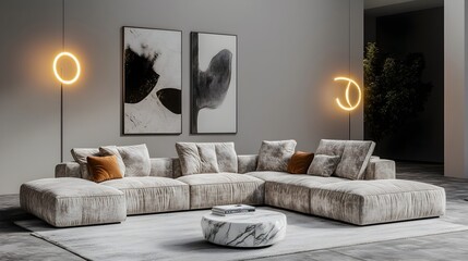 Cozy and inviting modern living room with a large comfortable sectional sofa minimalist and stylish decor refined and elegant velvet upholstery marble accents sculptural lighting abstract art