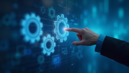 A business hand is shown interacting with digital gears, symbolizing technology, innovation, and business strategy. The image is futuristic and modern.