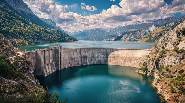 a stunning barrage dam holding back a massive reservoir of water, surrounded by mountains