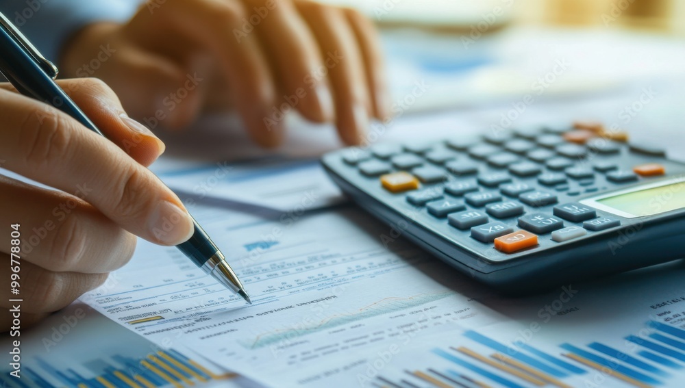 Poster Businessman holding pen and calculator while working on papers with charts and diagrams at office desk in background. Concept of accounting work or developing automated online business plan.