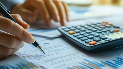 Businessman holding pen and calculator while working on papers with charts and diagrams at office desk in background. Concept of accounting work or developing automated online business plan.