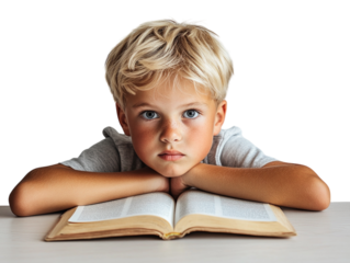 Boy with open book at desk, thoughtful expression PNG transparent.
