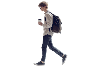 Man walking with backpack and coffee on white background PNG transparent.