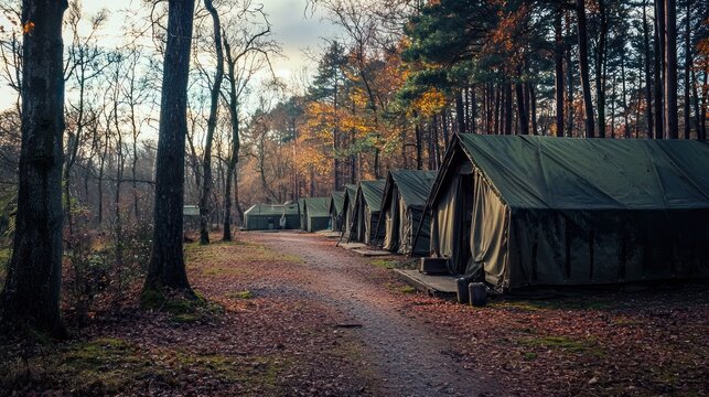 barracks surrounded by nature, emphasizing the contrast between military life and the natural environment