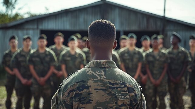a group of recruits listening to a drill instructor in front of the barracks, symbolizing training and discipline
