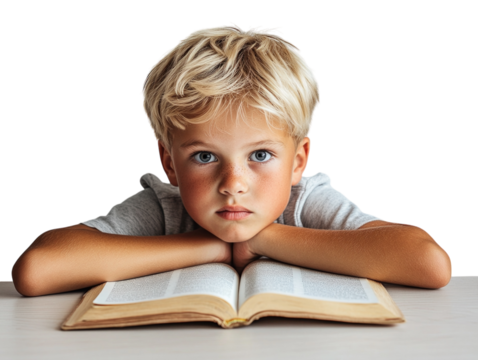 Boy with open book at desk, thoughtful expression PNG transparent. - Powered by Adobe
