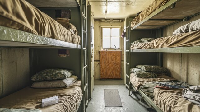 the interior of a barracks room with bunk beds and personal items, illustrating life in military housing