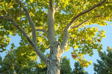 Fototapeta premium A tree with a trunk that is gray and has a few brown spots