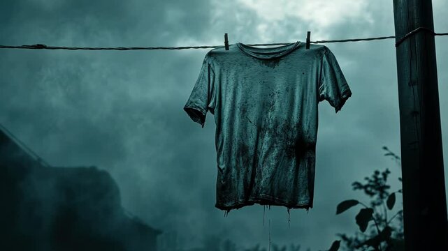 Dirty t shirt hanging on clothesline under stormy sky