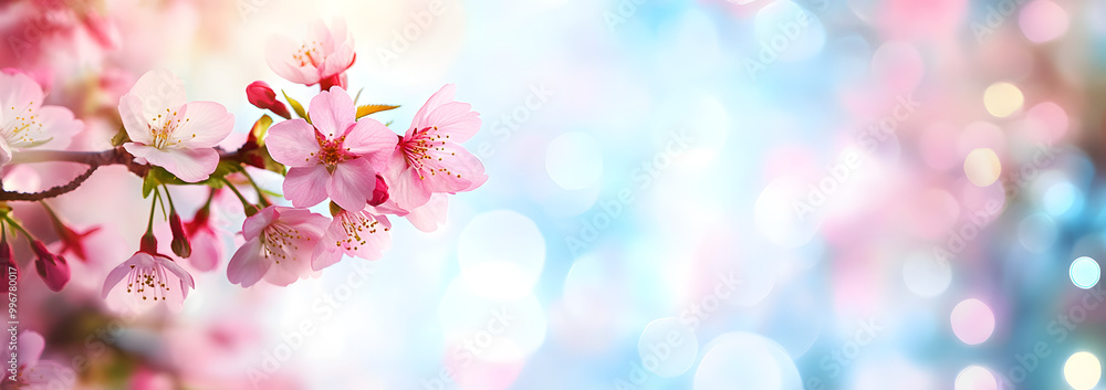 Poster Pink cherry tree blossom flowers blooming in springtime against a natural sunny blurred garden banner background of blue and white bokeh.