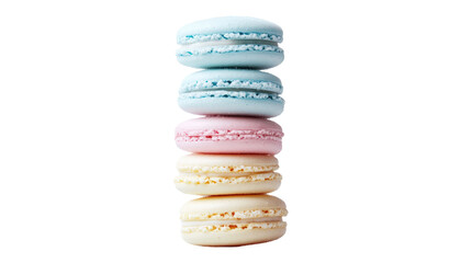 A vertical stack of four colorful macarons on a black background.