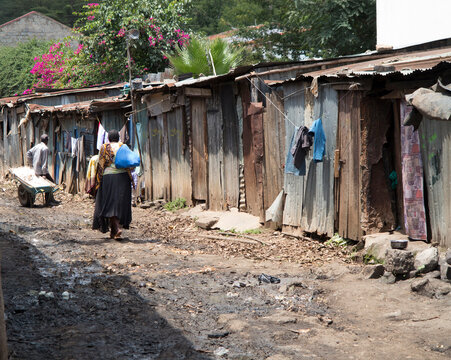 A view inside the massive urban slum of Kibera in Nairobi, Kenya.