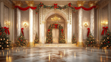 Grand ballroom decorated with Christmas wreaths, trees, and red garlands for the holiday season
