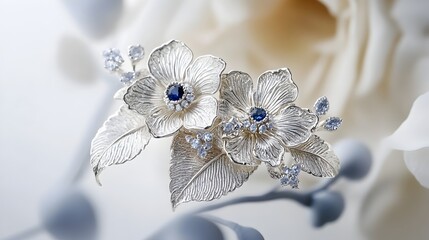 Elegant white gold floral earrings featuring a delicate flower and leaf cluster intricate filigree and granulation