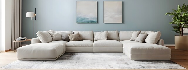 Cozy and Inviting Modern Living Room with a Large Comfortable Sectional Sofa Minimalist Stylish Decor Bright Walls and Plush Area Rug Creating a Welcoming Atmosphere