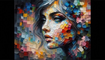 Oil portrait painting in multicolored tones. Abstract painting of a beautiful girl